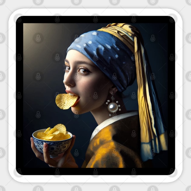 Girl with Pearl Earrings Snacking: Celebrate National Potato Chip Day Sticker by Edd Paint Something